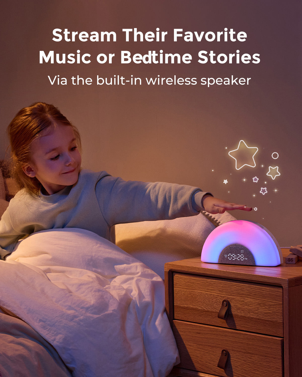 Momcozy DreamSync baby sound machine with rainbow light, streaming music and bedtime stories.