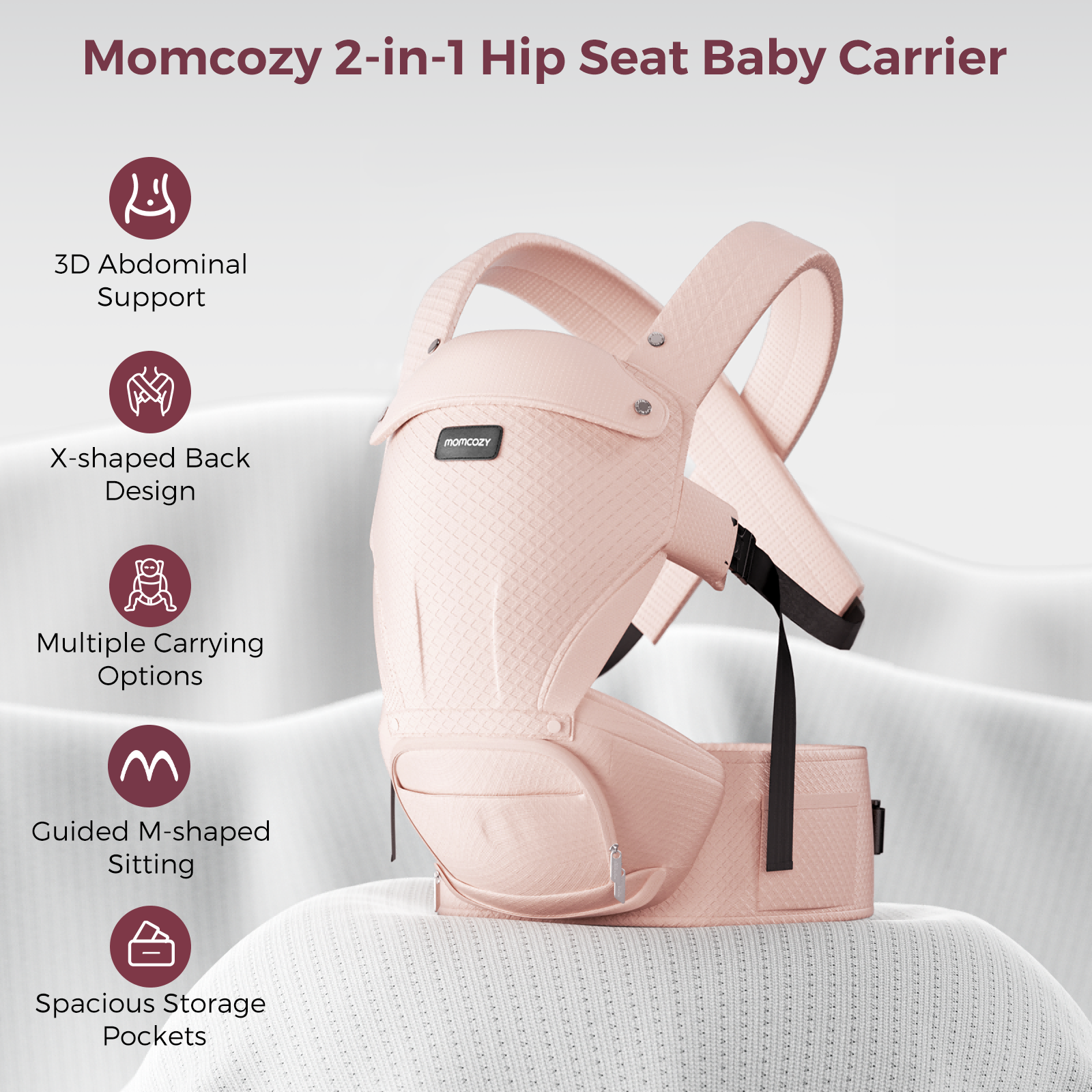 Momcozy Move2Fit Hip Seat Baby Carrier in blush pink with 3D support and multiple carry options, designed for comfort.