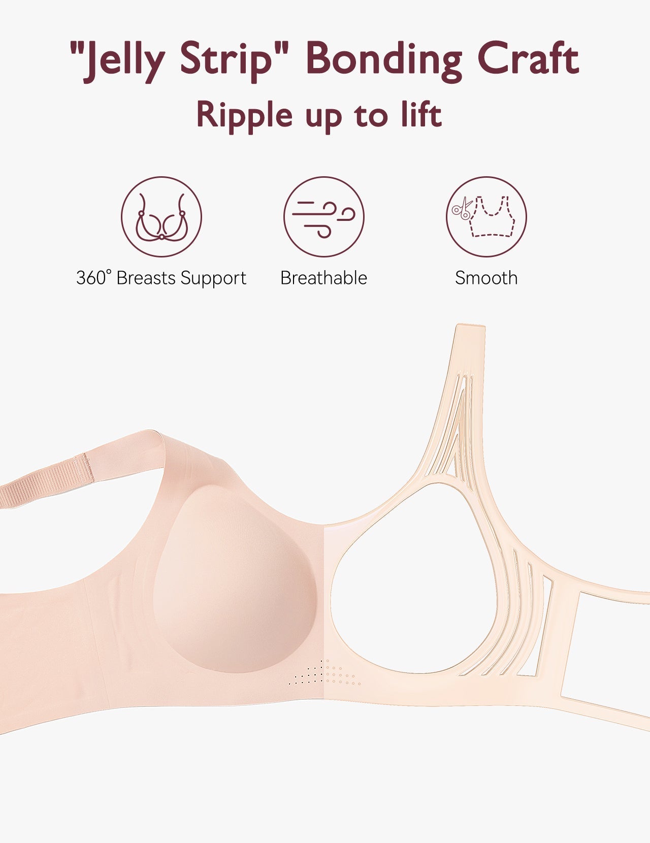 Momcozy wireless full-coverage bra featuring Jelly Strip technology for smooth, breathable support.