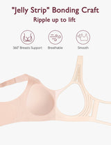 Momcozy wireless full-coverage bra featuring Jelly Strip technology for smooth, breathable support.