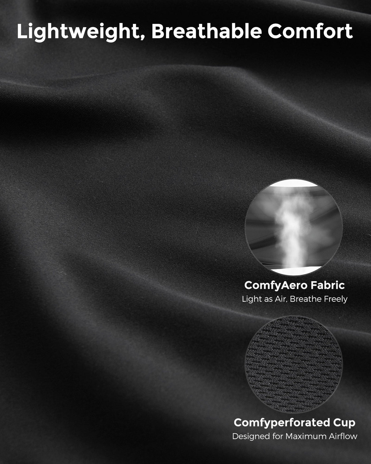 Black Maternity Nursing & Pumping Tank Top fabric featuring ComfyAero and Comfyperforated breathable design.