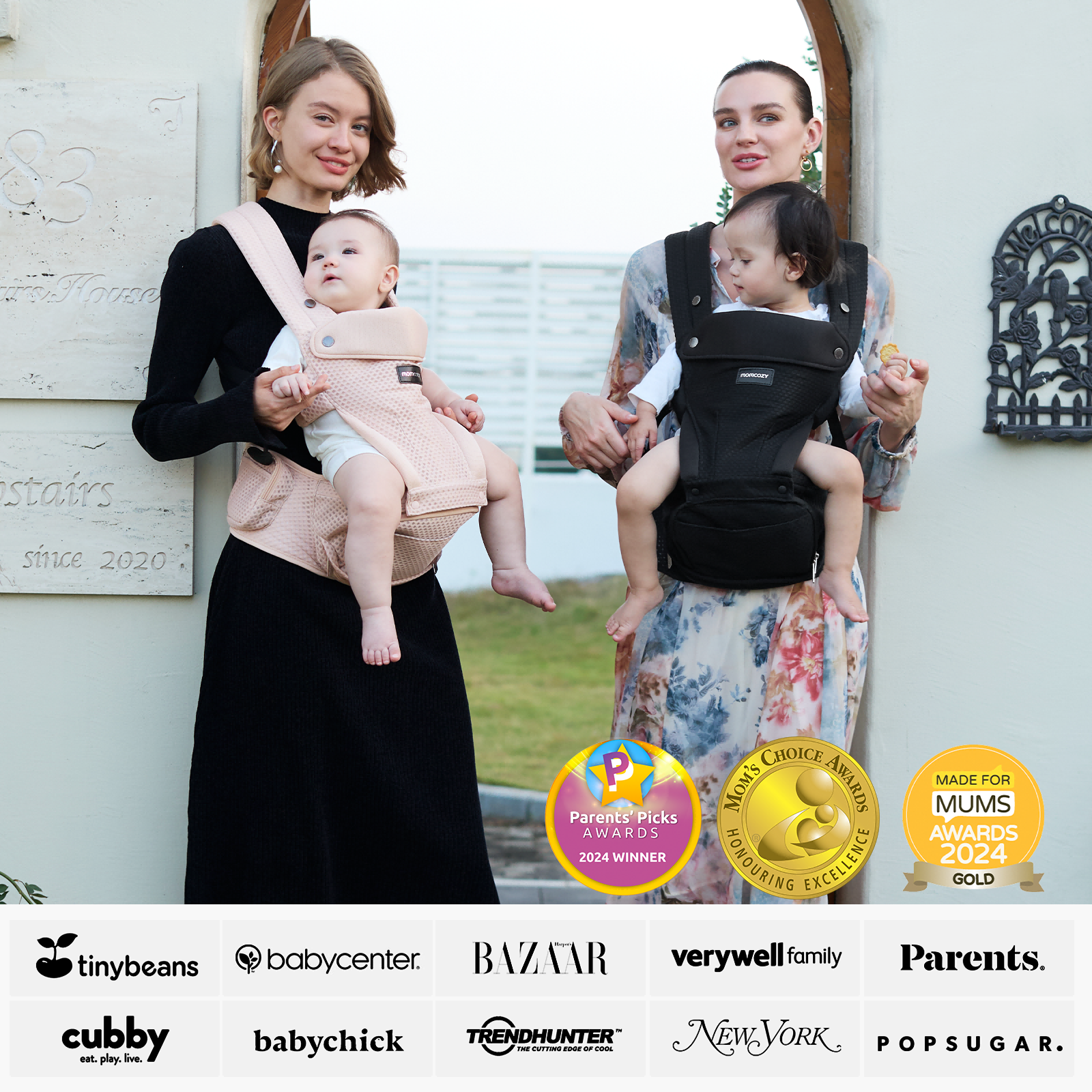 Momcozy Move2Fit Hip Seat Carrier in use, with mothers holding babies. Award-winning ergonomic baby carrier.