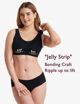 Model wearing a black wireless full-coverage bra with Jelly Strip technology for lift and support.