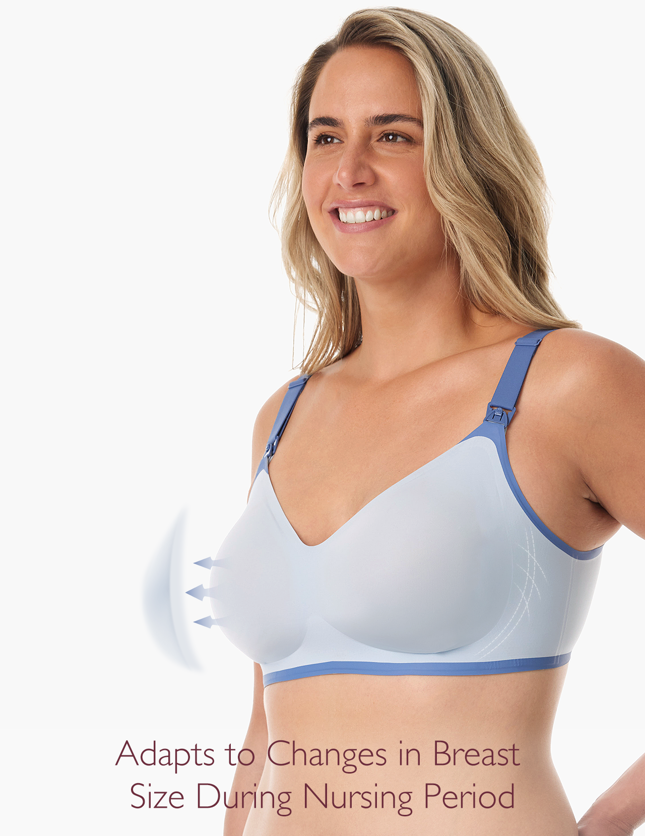 Blue fog nursing bra adapting to breast size changes, featuring adjustable straps for comfort.