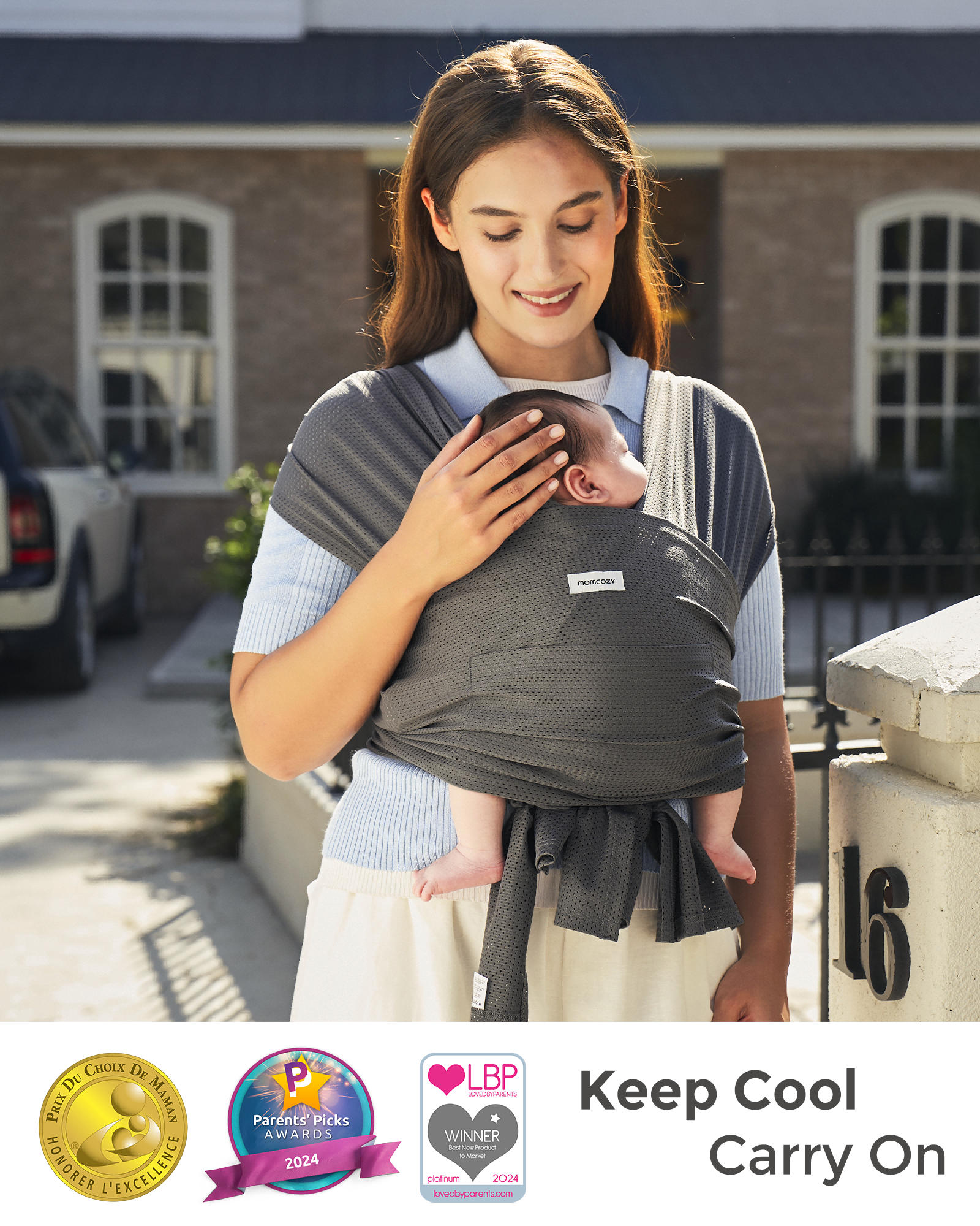 Momcozy gray baby wrap carrier, hands-free babywearing design. Keeps cool, comfortable for baby and parent.