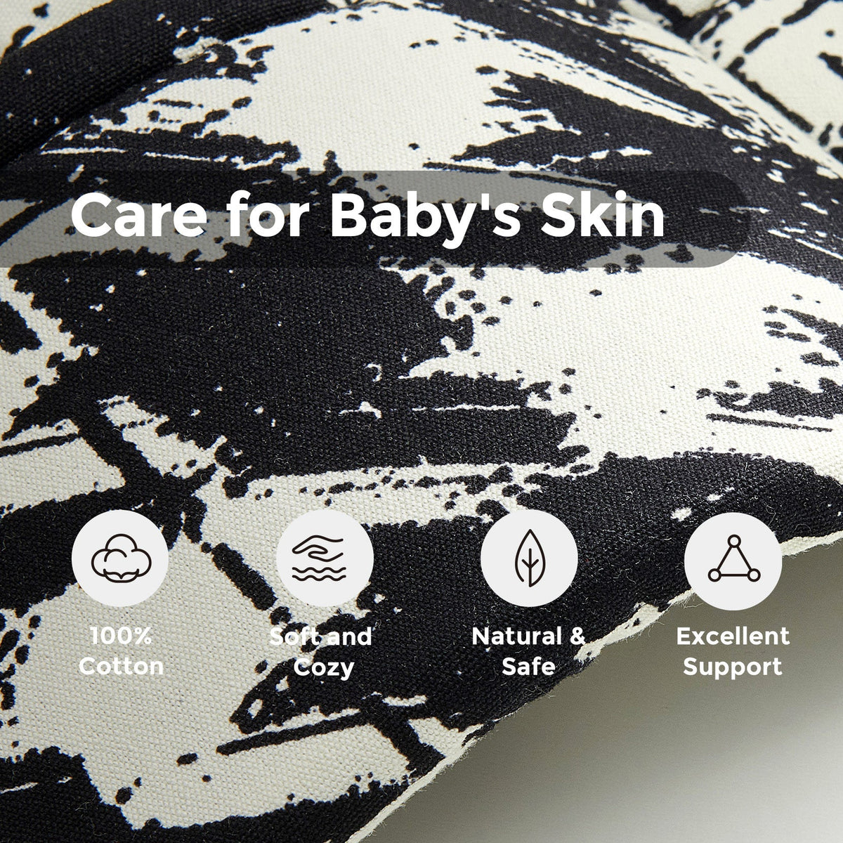 Momcozy PureHug baby carrier fabric detail: 100% cotton, soft & cozy, natural & safe, excellent support for baby's skin.