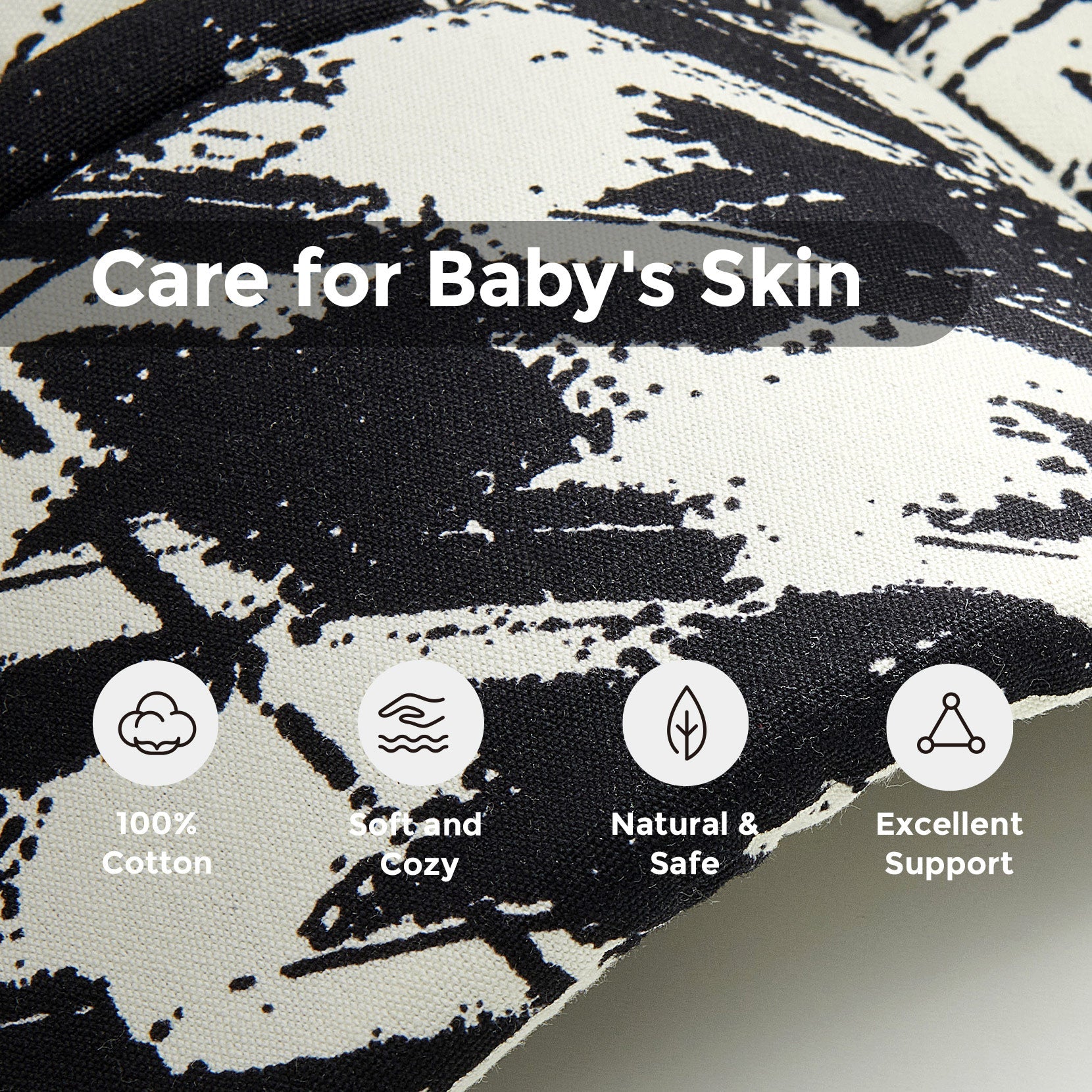 Momcozy PureHug baby carrier fabric detail: 100% cotton, soft & cozy, natural & safe, excellent support for baby's skin.