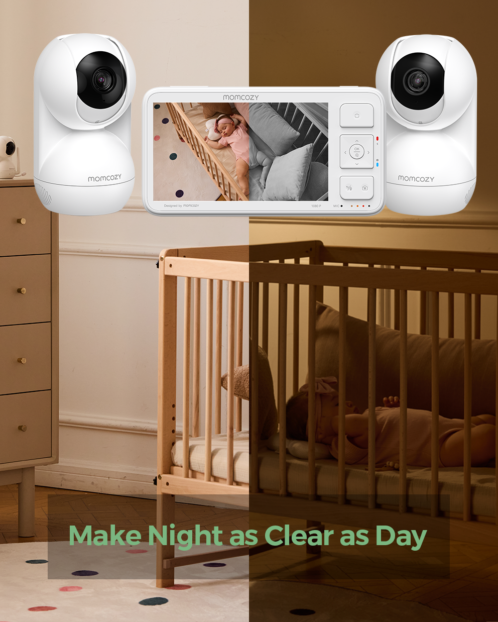 Momcozy BM03 baby monitor showing clear night vision on a 5.5-inch screen, promoting peace of mind for parents.