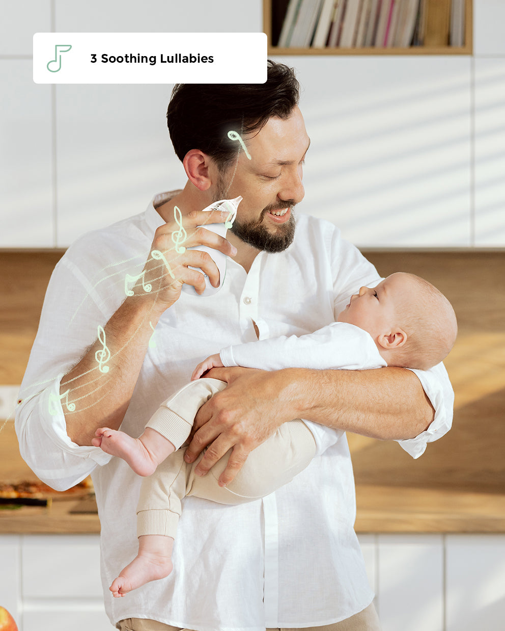 Dad using Momcozy baby nasal aspirator with baby, highlighting 3 soothing lullabies feature for gentle congestion relief