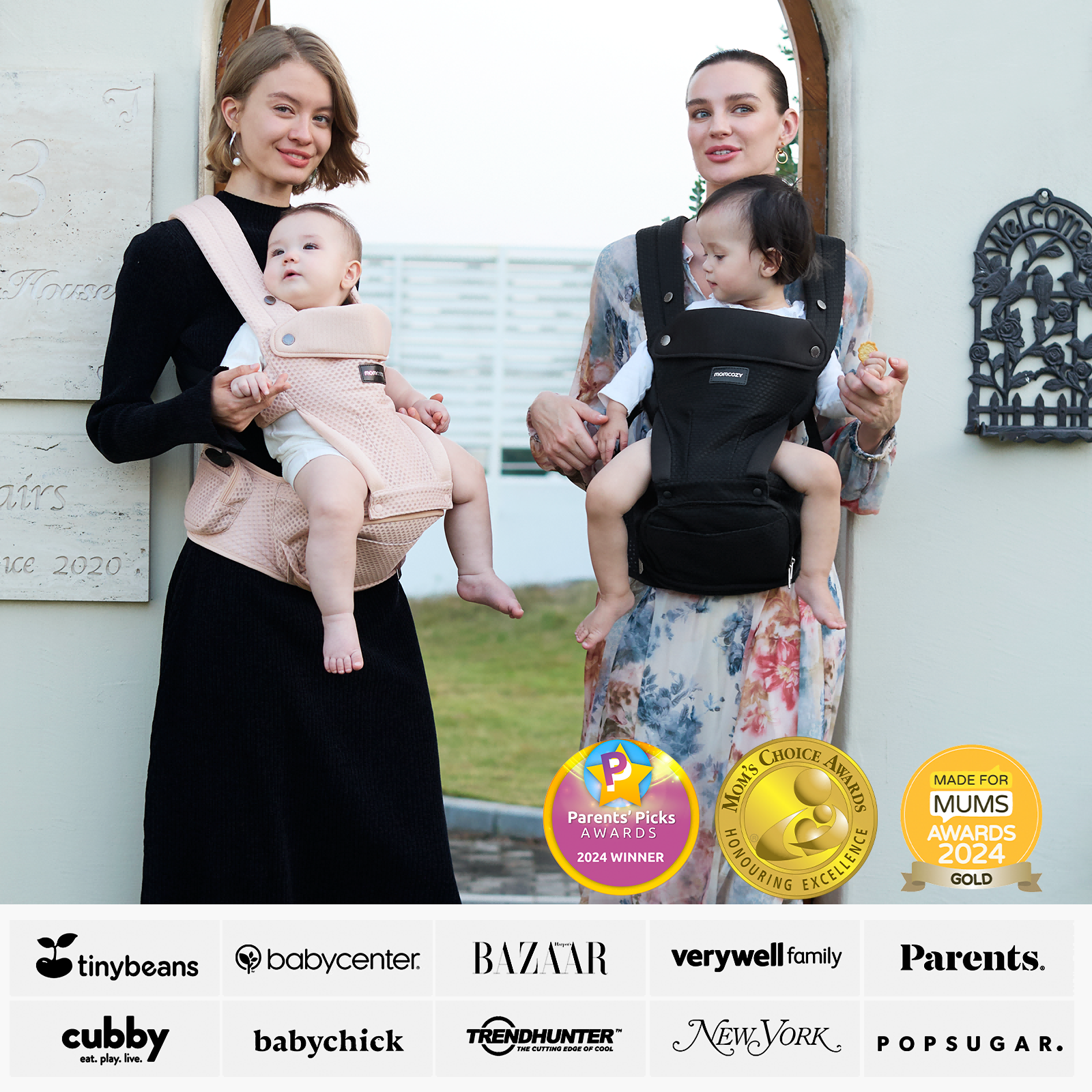 Mothers using Momcozy Move2Fit Hip Seat Carrier; awarded by Parents' Picks and Mums Awards. Comfortable baby carrier in use.