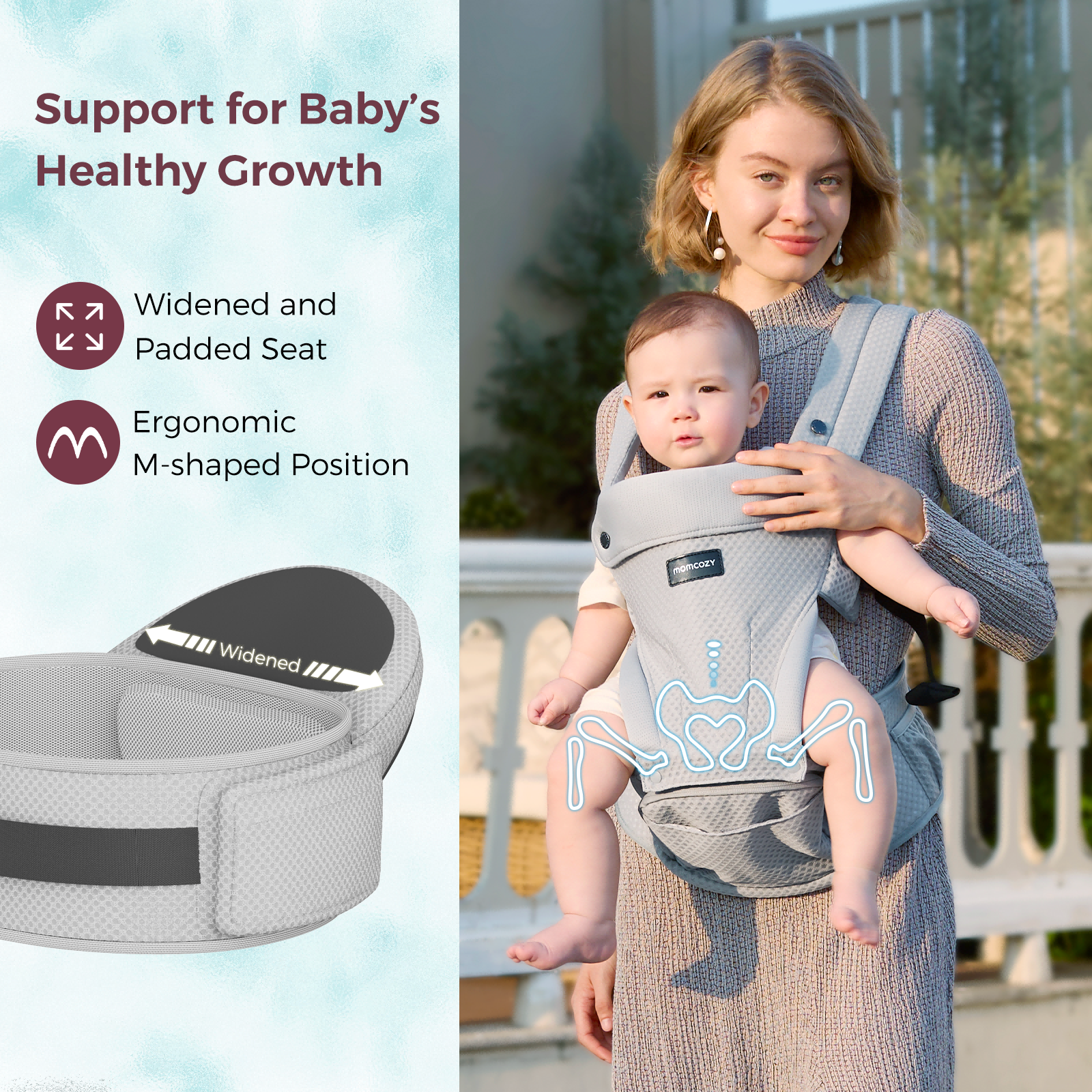 Momcozy Hip Seat Carrier: Ergonomic design supports baby's healthy growth with a widened seat and M-shaped position.