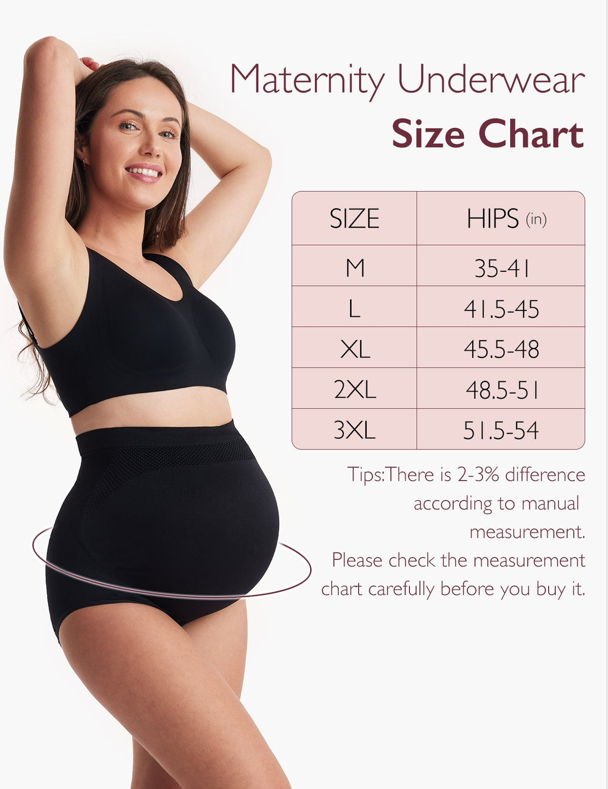 Size chart for high waist maternity underwear with model showcasing fit and comfort.