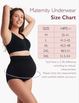 Size chart for high waist maternity underwear with model showcasing fit and comfort.