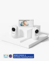 Momcozy BM01 baby monitor. Two white cameras, display showing baby, and award-winning recognition for peace of mind.