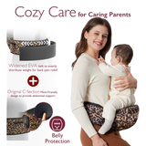 Momcozy Wander360 Hip Seat Carrier featuring belly protection and back support for comfortable babywearing in leopard print.