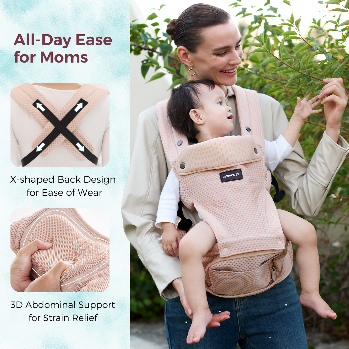 Momcozy Move2Fit Hip Seat Carrier: Blush pink carrier with X-shaped back & 3D support, designed for comfort and ease of use.