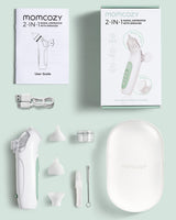 Momcozy BreezyClear 2-in-1 Nasal Aspirator: White and green design with accessories for baby nasal care, spray and suction.