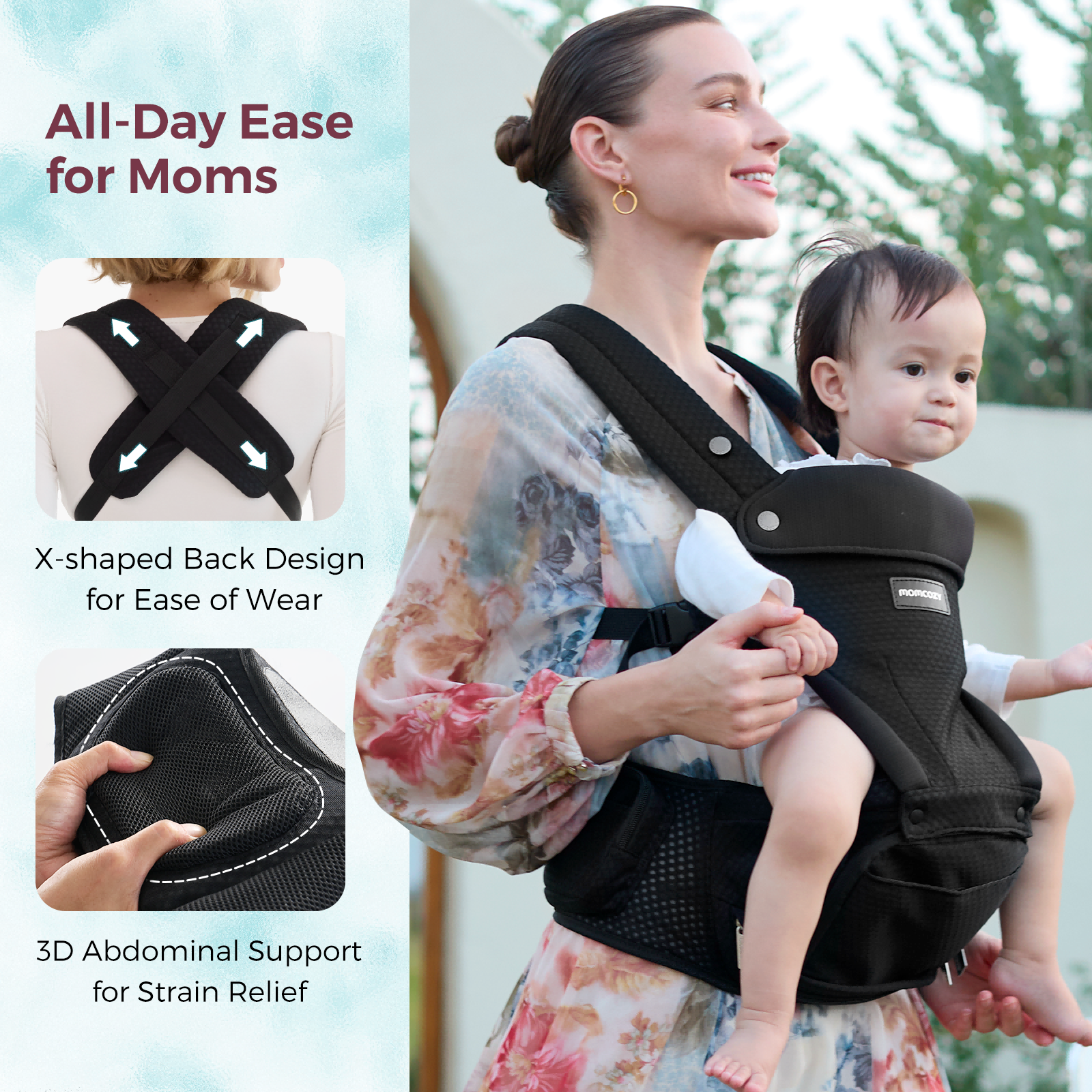 Momcozy Hip Seat Carrier in black, providing all-day ease for mothers, with X-shaped back and 3D abdominal support.