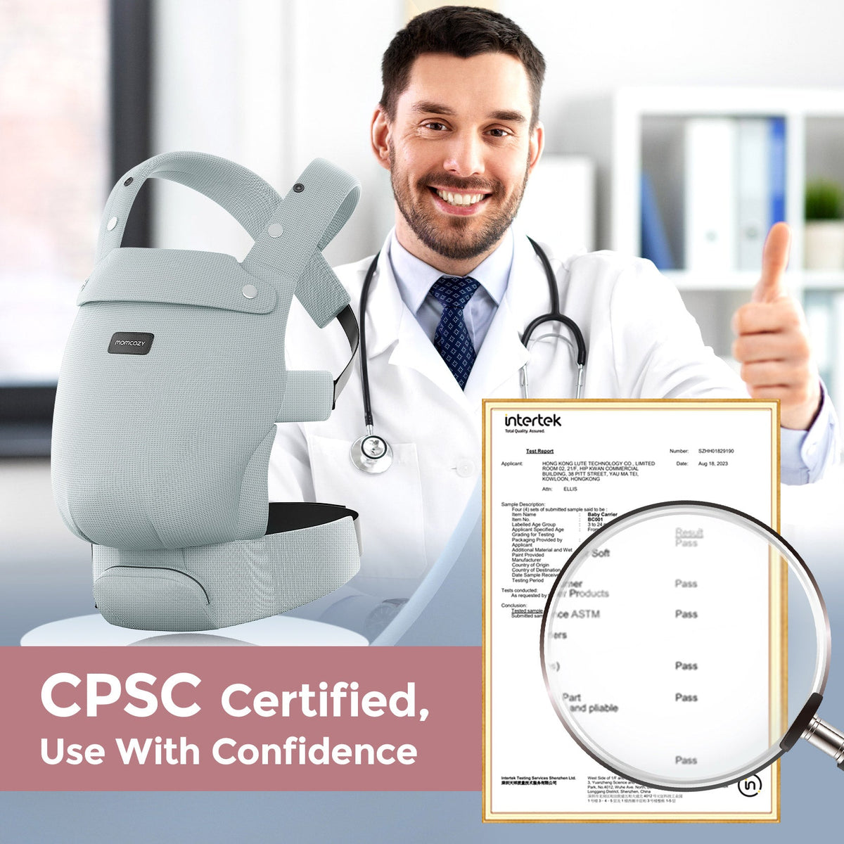 Momcozy baby carrier in light blue, CPSC certified, shown with doctor's approval and Intertek report for safety.