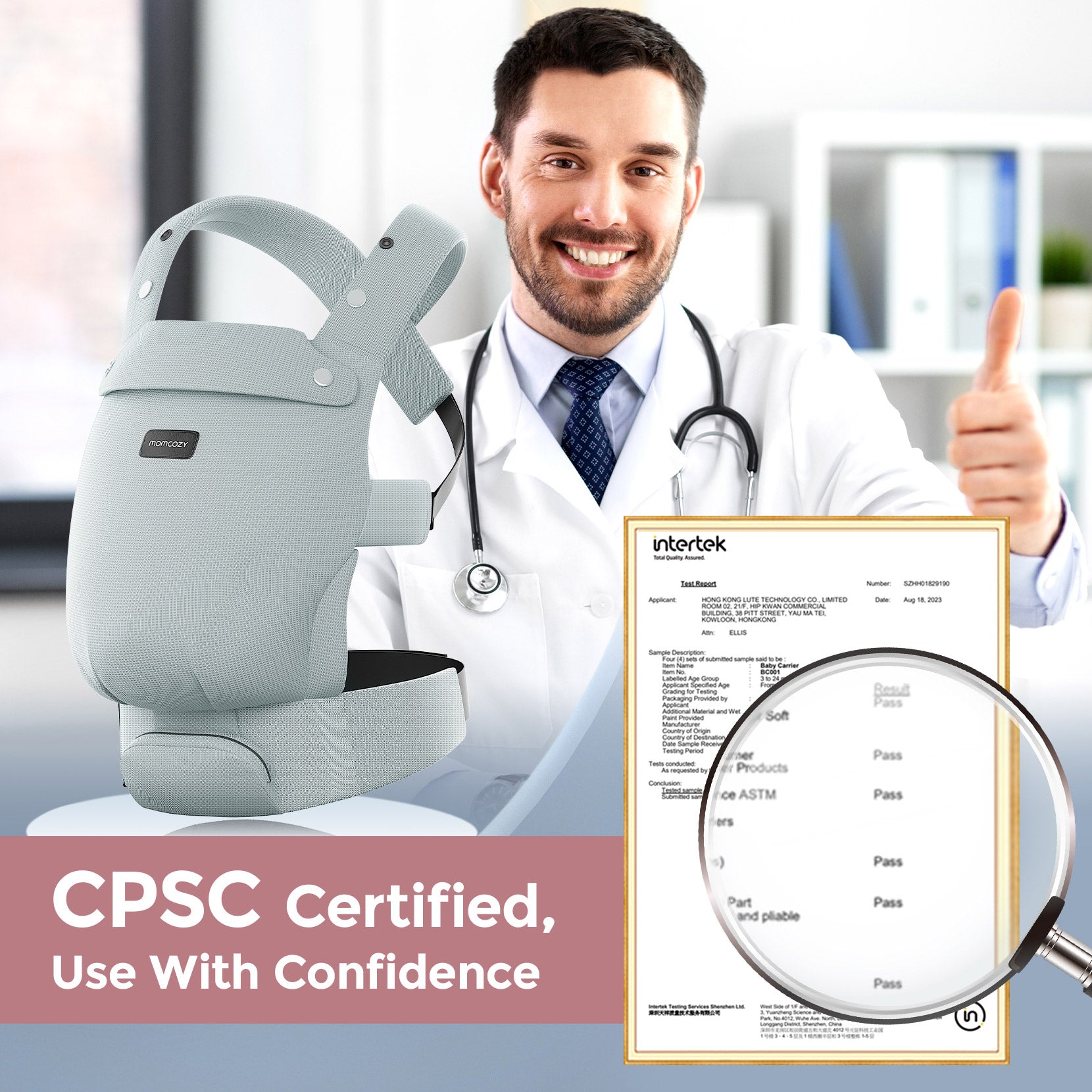 Momcozy baby carrier in light blue, CPSC certified, shown with doctor's approval and Intertek report for safety.