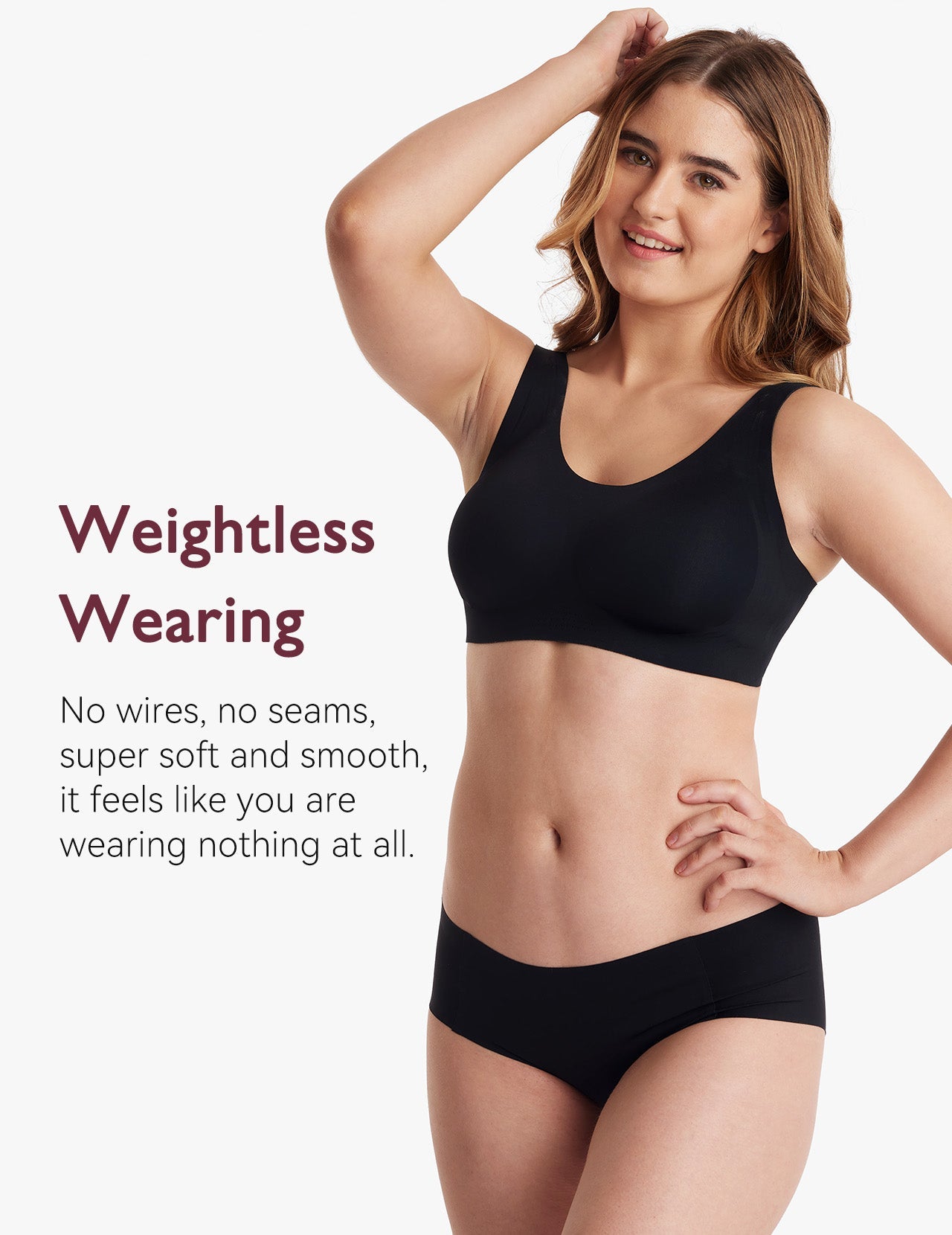 Model demonstrating a weightless wireless full-coverage bra, highlighting comfort without seams or wires.