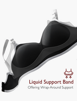 Black nursing bra with liquid support band for flexible fit and wrap-around support.
