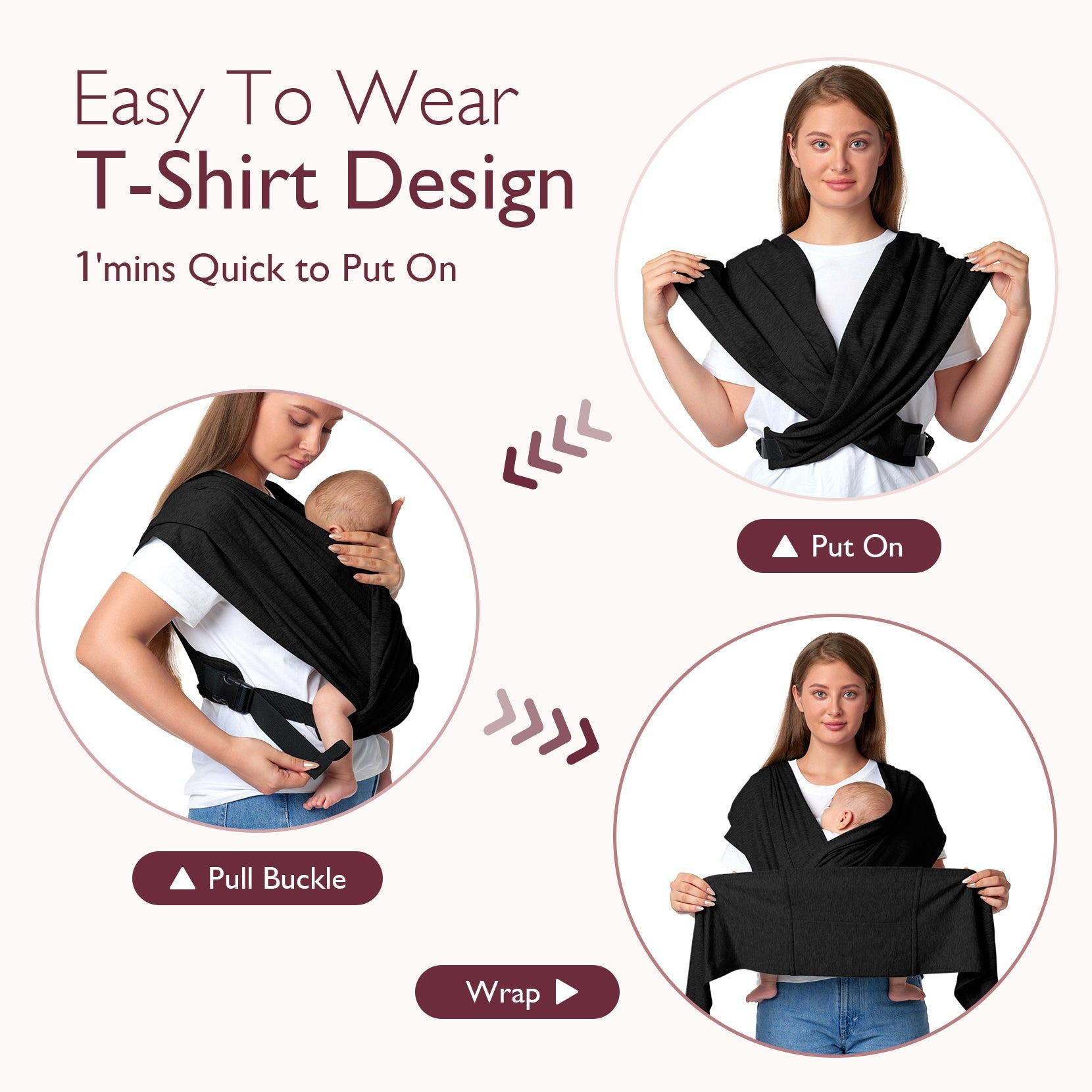 Black baby wrap carrier demonstration: Easy T-Shirt Design, quick to put on, featuring buckle and wrap steps.