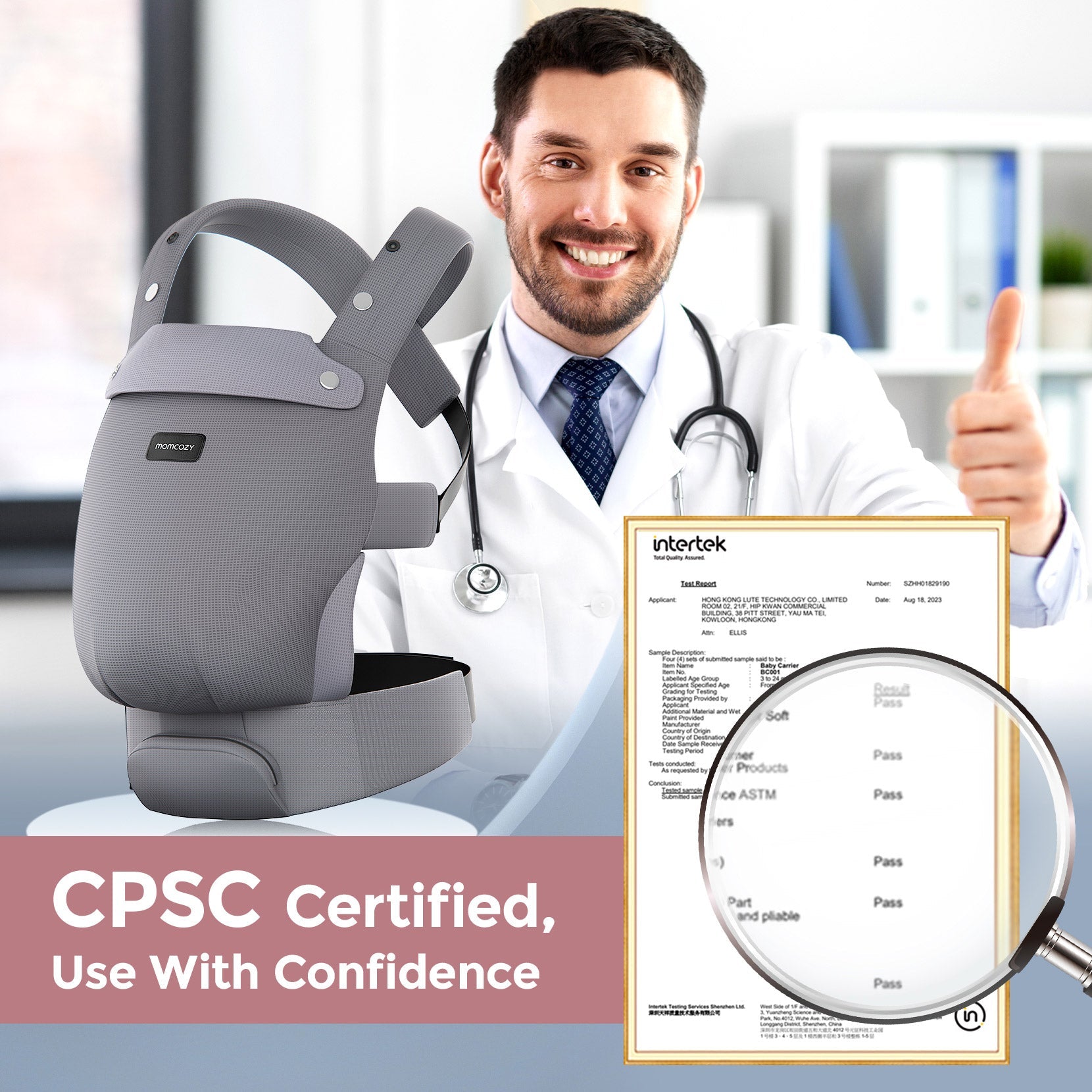 Momcozy baby carrier, CPSC certified, doctor-approved, and Intertek tested for safety and quality.