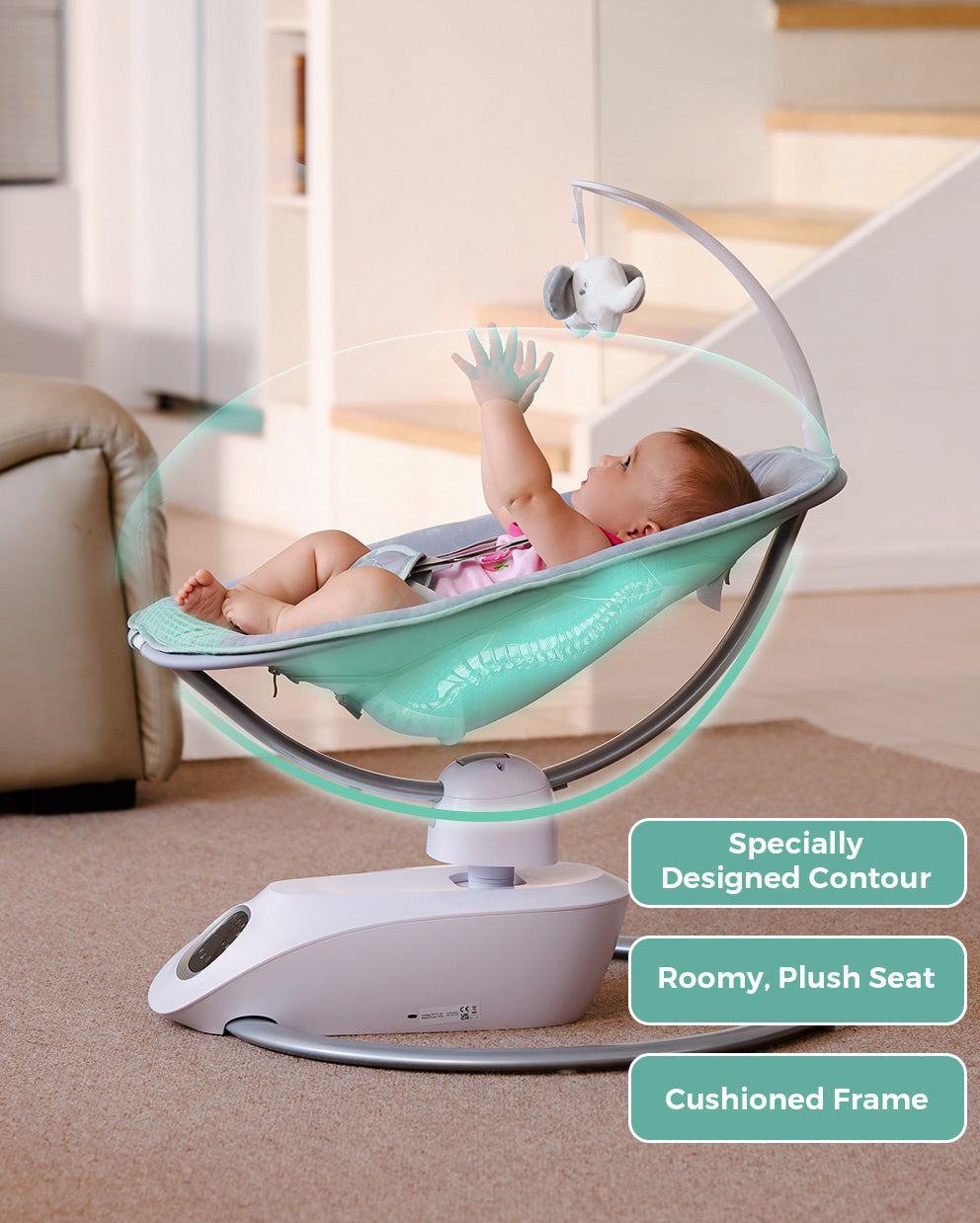 Momcozy CocoSway Electric Baby Swing featuring a special design contour, cushioned frame, and roomy seat.