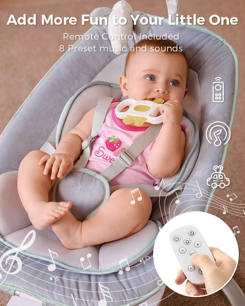 Momcozy CocoSway Electric Baby Swing with remote control and soothing music options.