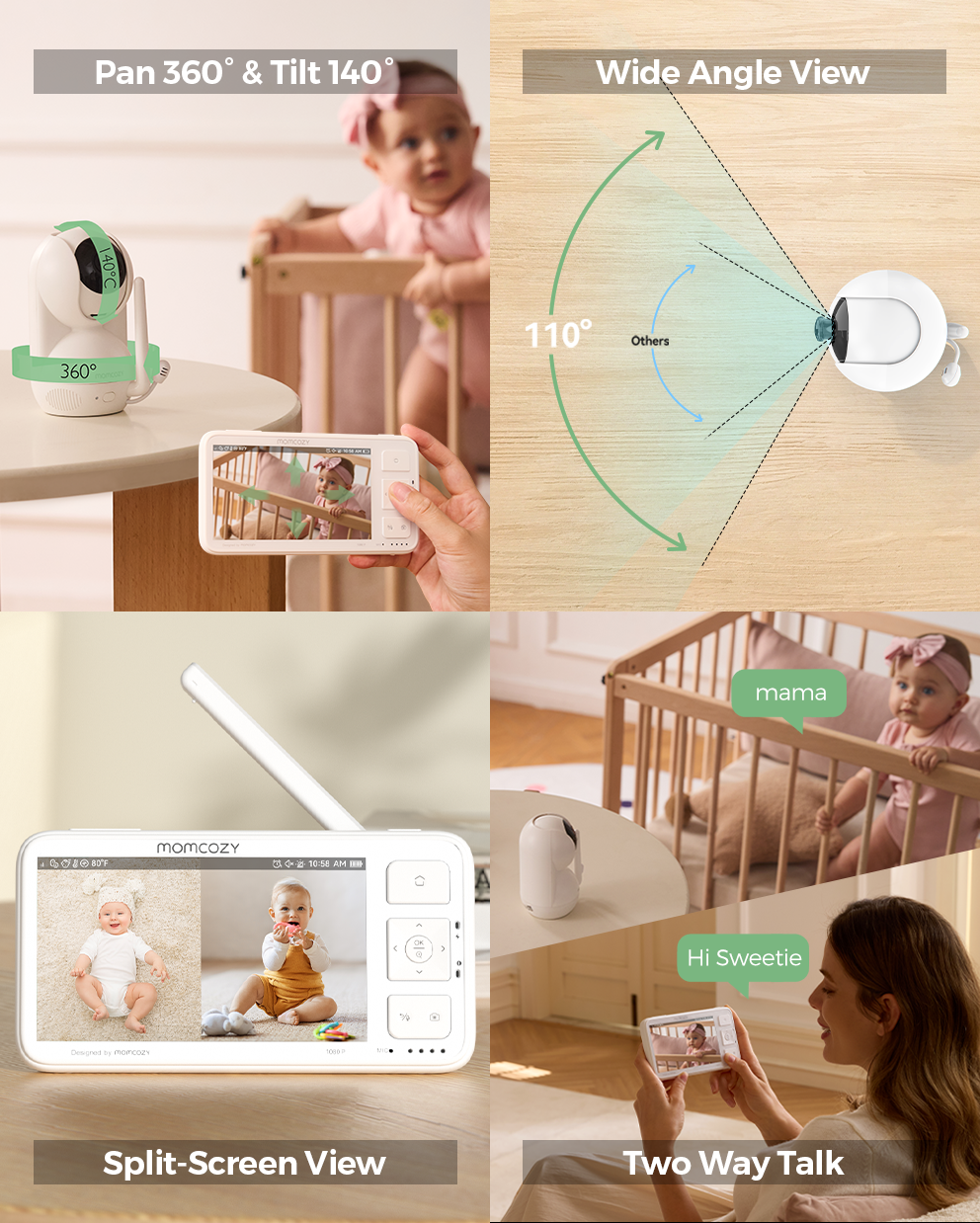 Momcozy BM03 baby monitor features: 360° pan & tilt, wide-angle view, split-screen, and two-way talk function.