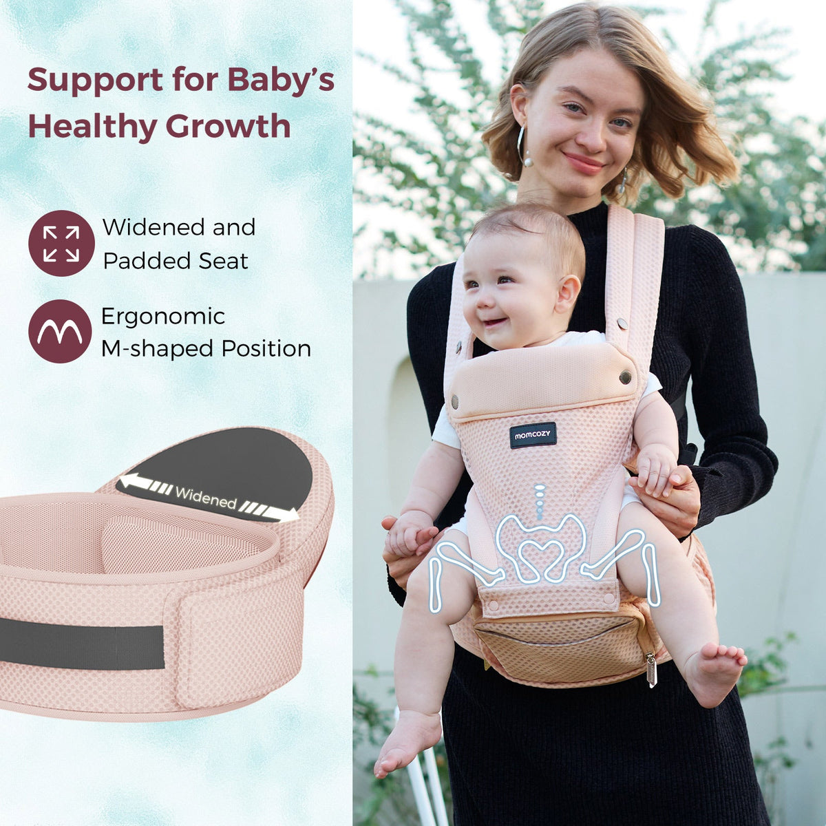 Momcozy Move2Fit Hip Seat Carrier in blush pink, with ergonomic M-shaped position and widened seat for baby's healthy growth.