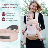 Momcozy Move2Fit Hip Seat Carrier in blush pink, with ergonomic M-shaped position and widened seat for baby's healthy growth.