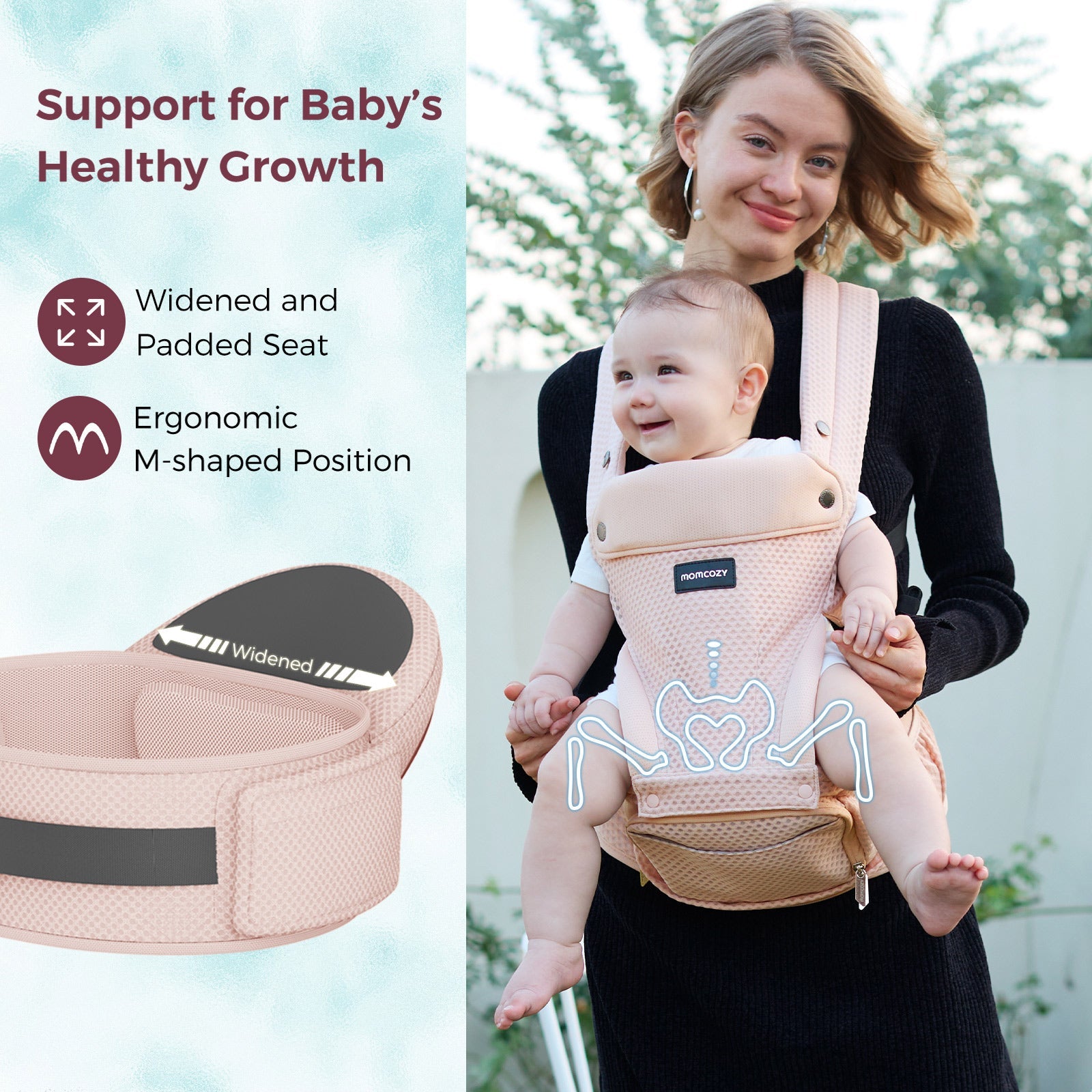 Momcozy Move2Fit Hip Seat Carrier in blush pink, with ergonomic M-shaped position and widened seat for baby's healthy growth.