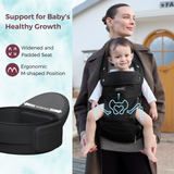 Momcozy Move2Fit Hip Seat Carrier in black, supporting baby's healthy growth with widened seat & ergonomic M-shaped position