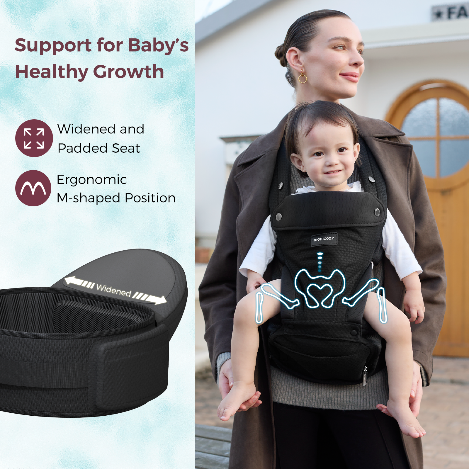 Momcozy Move2Fit Hip Seat Carrier in black, supporting baby's healthy growth with widened seat & ergonomic M-shaped position