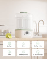 8-in-1 baby bottle steam sterilizer and dryer on a kitchen countertop with LED countdown display, offering functions such as sterilize, dry, sterilize + dry, thaw, heating foods, and 24 hours storage