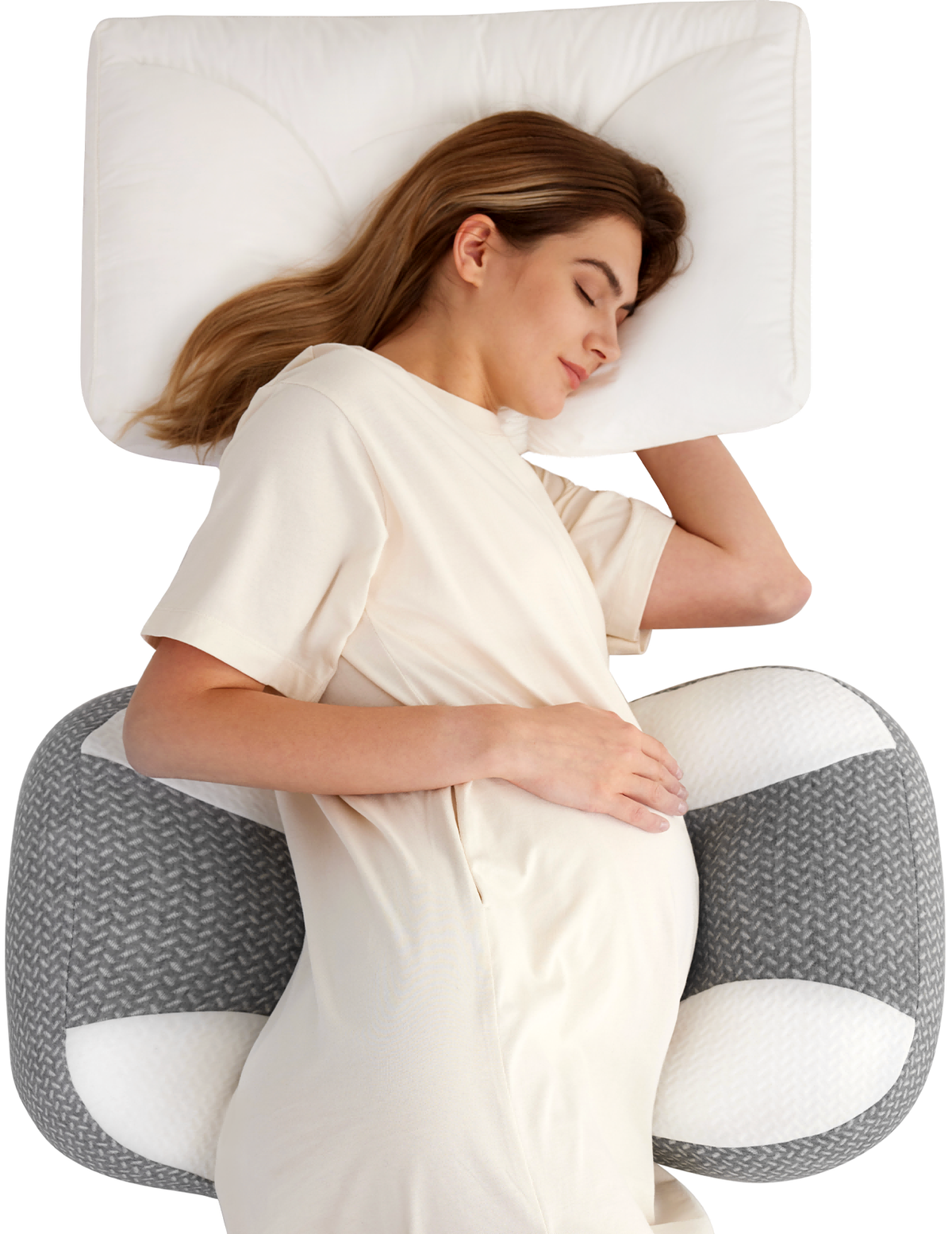 Pregnant woman sleeping on a grey Pregnancy Wedge Pillow with Cooling Cover.