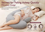 Pregnant woman sleeping on gray Momcozy F-shaped pregnancy pillow, supporting the body and belly, promoting restful sleep.