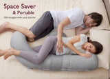 Momcozy F-shaped pregnancy pillow for pregnant woman, side sleeping with partner. Space Saver & Portable, grey color.