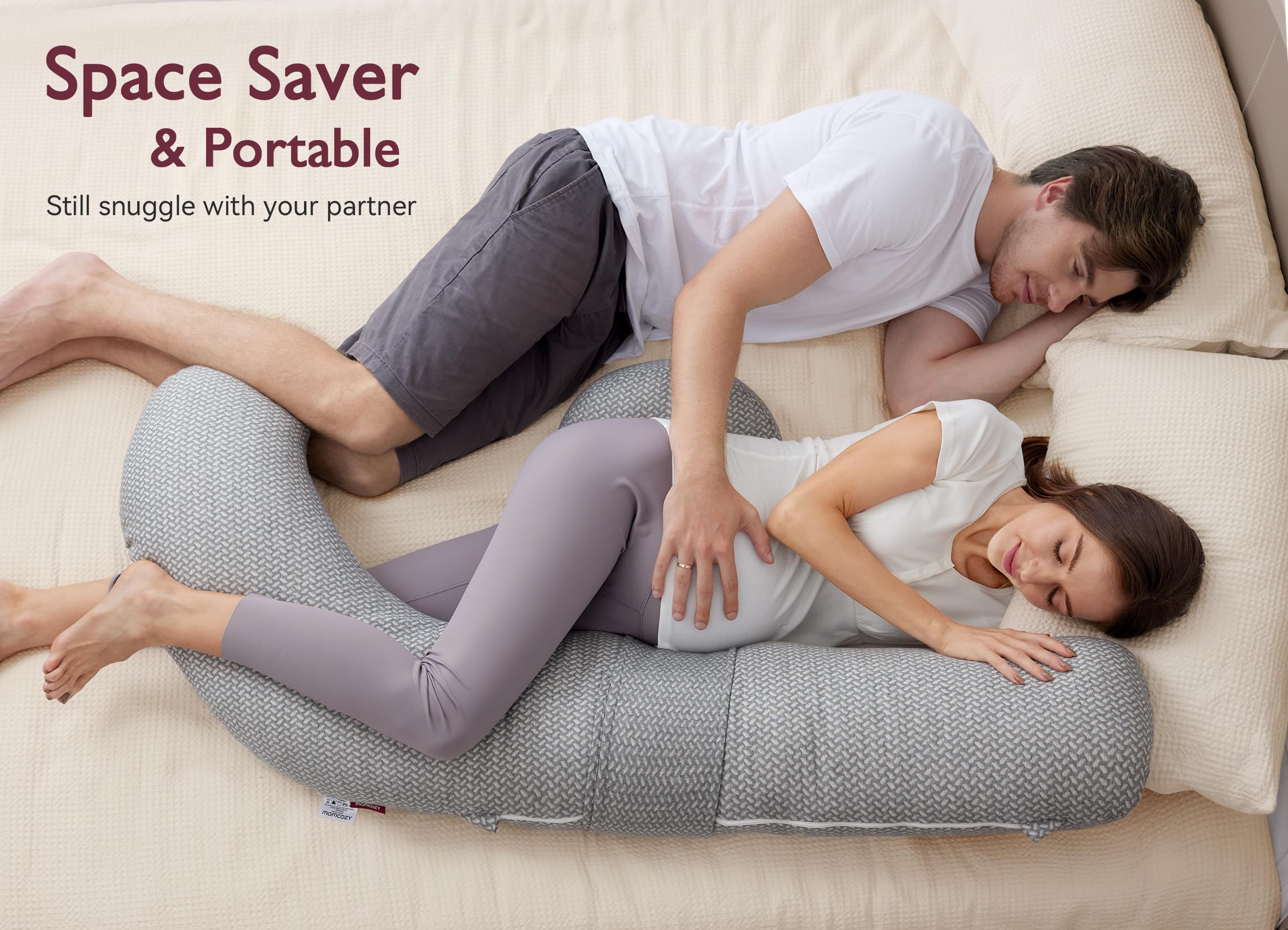 Momcozy F-shaped pregnancy pillow for pregnant woman, side sleeping with partner. Space Saver & Portable, grey color.