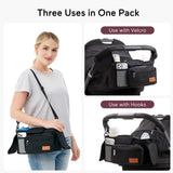 Momcozy stroller organizer, black, with multiple compartments and cup holders, for stroller and car seat use.