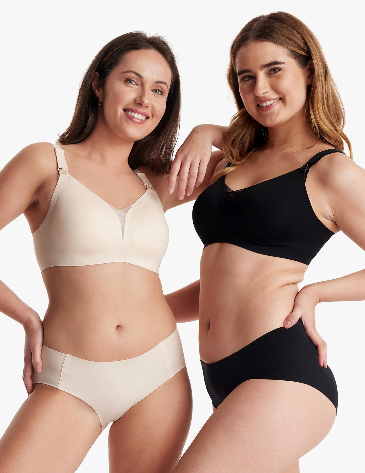 Women showcasing comfortable Oyster Pink and black Mesh Support Padded Wireless Bras with supportive design.