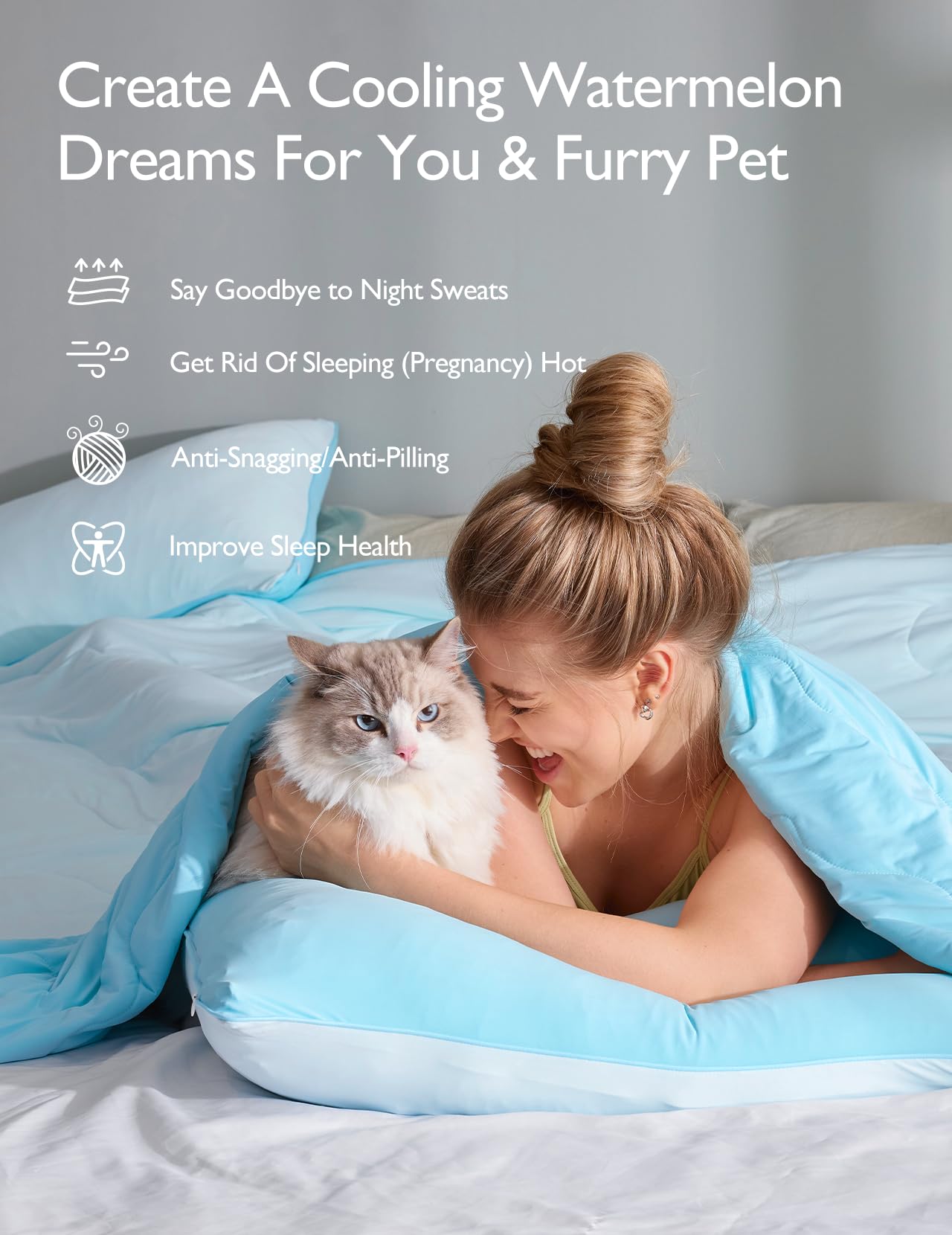 Woman and cat under CoolMurm™ comforter promoting better sleep health and cooling features.