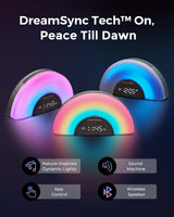 DreamSync Tech Smart Baby Sound Machine by Momcozy with rainbow light, app control, and wireless speaker for babies.