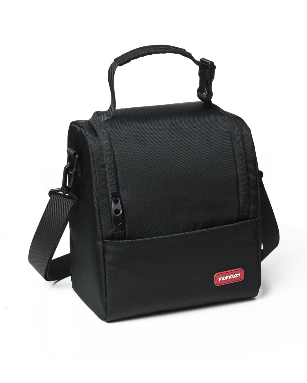 Momcozy black insulated baby bottle bag with adjustable strap, designed for convenience and portability.