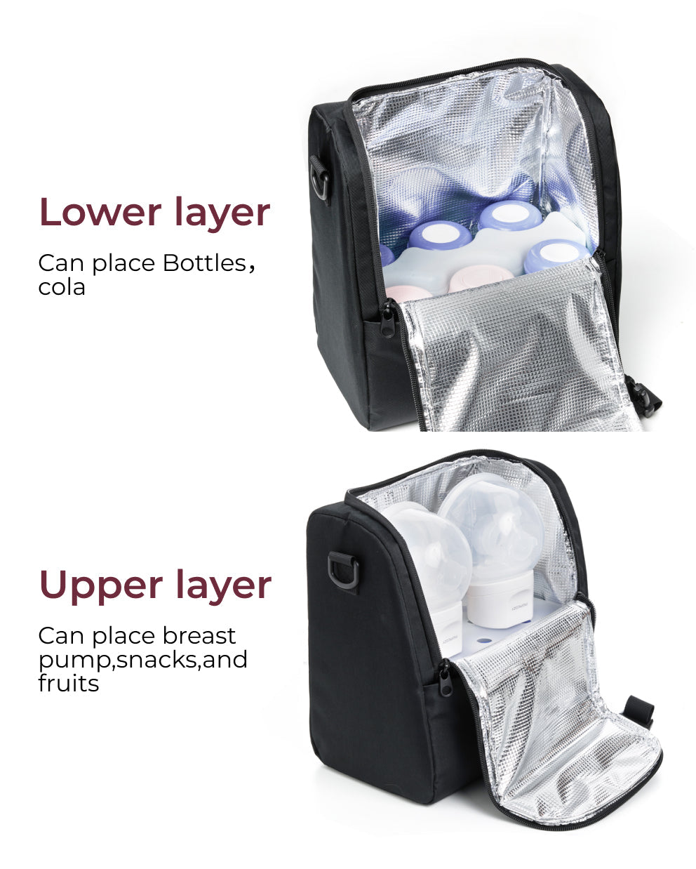 Momcozy baby bottle bag, black, insulated, designed for bottles and breast pumps, with sections for snacks and fruits.