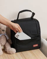 Momcozy black insulated baby bottle bag with front pocket, smartphone, and Momcozy logo.