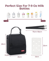 Momcozy Insulated Baby Bottle Bag, black, designed for 7-9 oz bottles, features adjustable strap for convenient mom care.