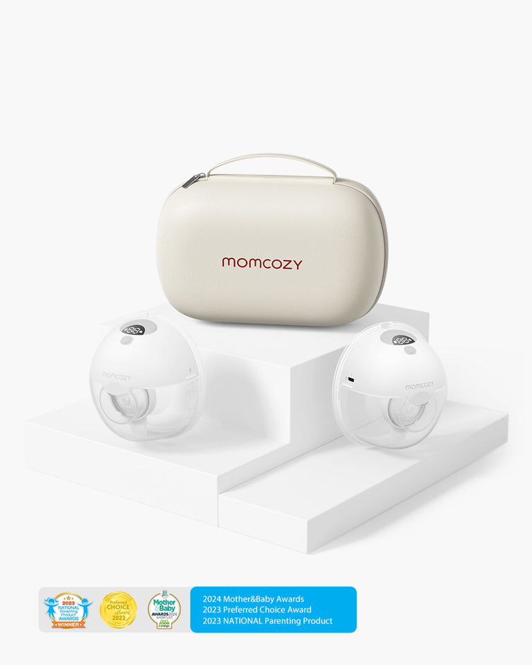 Translation missing: en.Momcozy M5 Wearable Breast Pump in quill grey color with storage case and 2024 awards displayed.